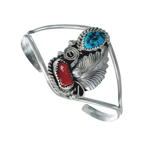 Sterling Silver Turquoise And Coral Navajo Leaf And Flower Cuff Bracelet AX129479