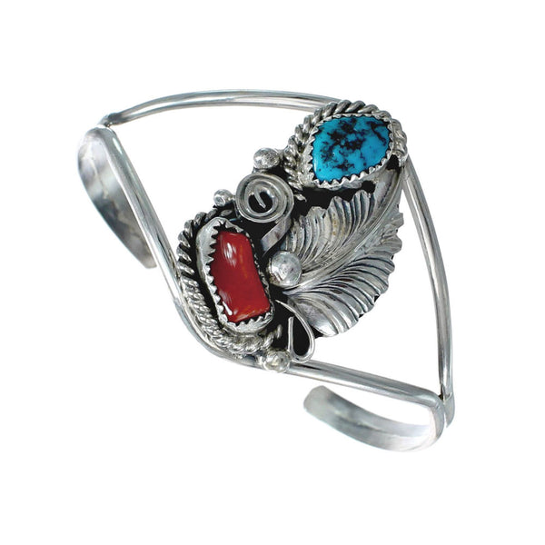 Sterling Silver Turquoise And Coral Navajo Leaf And Flower Cuff Bracelet AX129479
