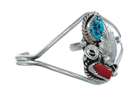 Sterling Silver Turquoise And Coral Navajo Leaf And Flower Cuff Bracelet AX129479
