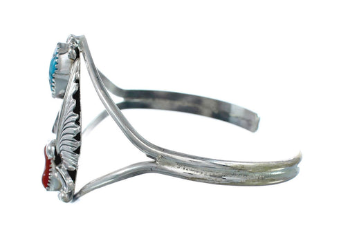 Sterling Silver Turquoise And Coral Navajo Leaf And Flower Cuff Bracelet AX129479