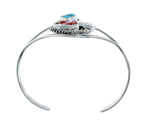 Sterling Silver Turquoise And Coral Navajo Leaf And Flower Cuff Bracelet AX129479