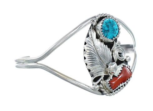 Sterling Silver Turquoise And Coral Navajo Leaf And Flower Cuff Bracelet AX129482