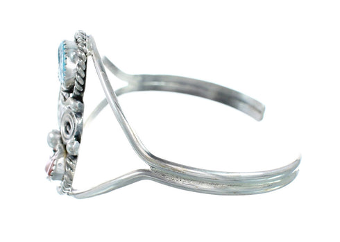 Sterling Silver Turquoise And Coral Navajo Leaf And Flower Cuff Bracelet AX129482