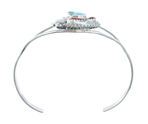 Sterling Silver Turquoise And Coral Navajo Leaf And Flower Cuff Bracelet AX129482