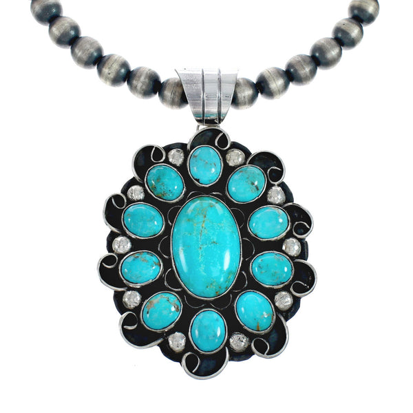 Turquoise Old Pawn Style Sterling Silver Navajo Bead Necklace And Pendant Set AX129503