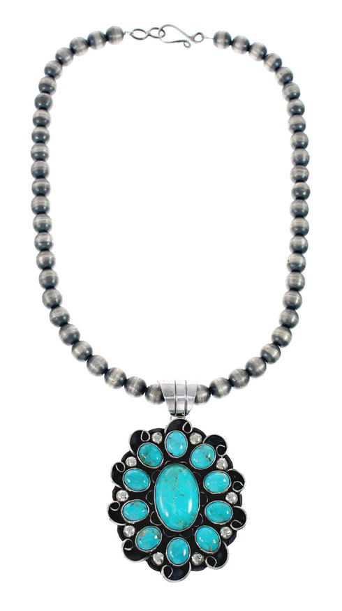 Turquoise Old Pawn Style Sterling Silver Navajo Bead Necklace And Pendant Set AX129503
