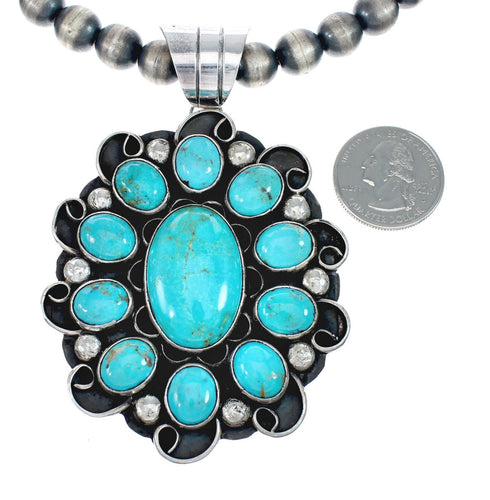 Turquoise Old Pawn Style Sterling Silver Navajo Bead Necklace And Pendant Set AX129503