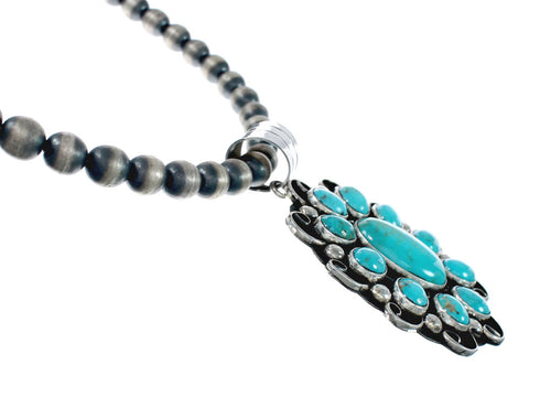 Turquoise Old Pawn Style Sterling Silver Navajo Bead Necklace And Pendant Set AX129503