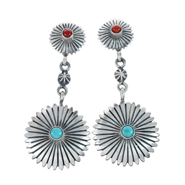 Geuine Sterling Silver Concho Turquoise And Coral Earrings AX129516