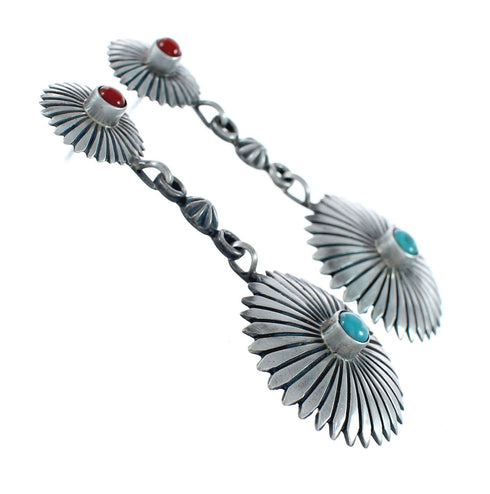 Geuine Sterling Silver Concho Turquoise And Coral Earrings AX129516