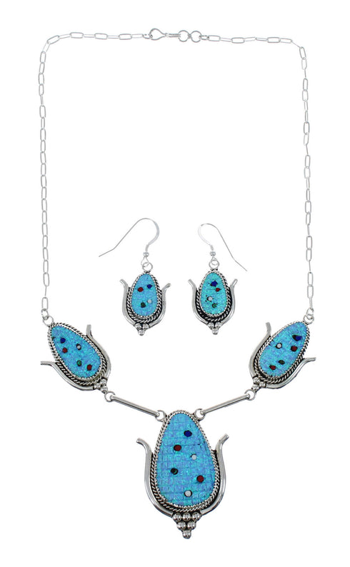 Native American Silver Multicolor Inlay Corn Zuni Necklace Set AX129531