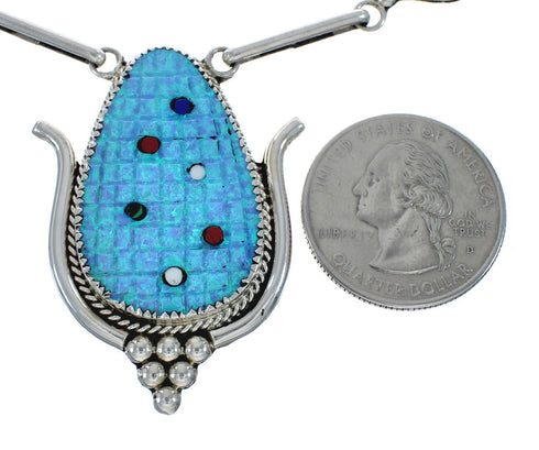 Native American Silver Multicolor Inlay Corn Zuni Necklace Set AX129531