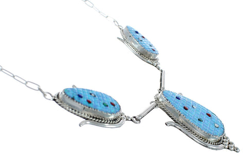 Native American Silver Multicolor Inlay Corn Zuni Necklace Set AX129531