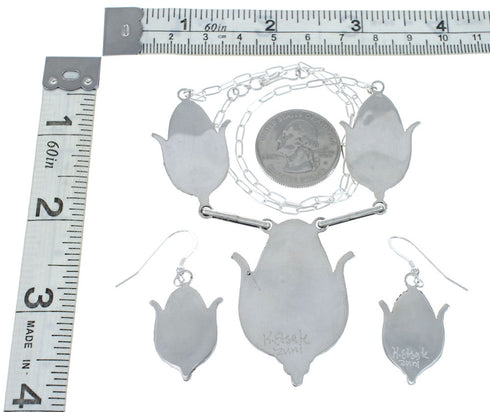 Native American Silver Multicolor Inlay Corn Zuni Necklace Set AX129531