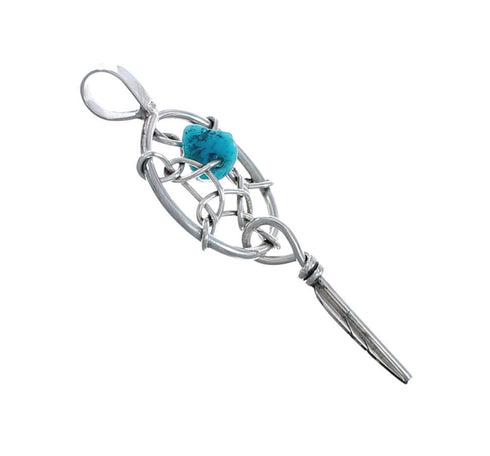 Native American Sterling Silver Turquoise Dream Catcher Feather Pendant NN20488