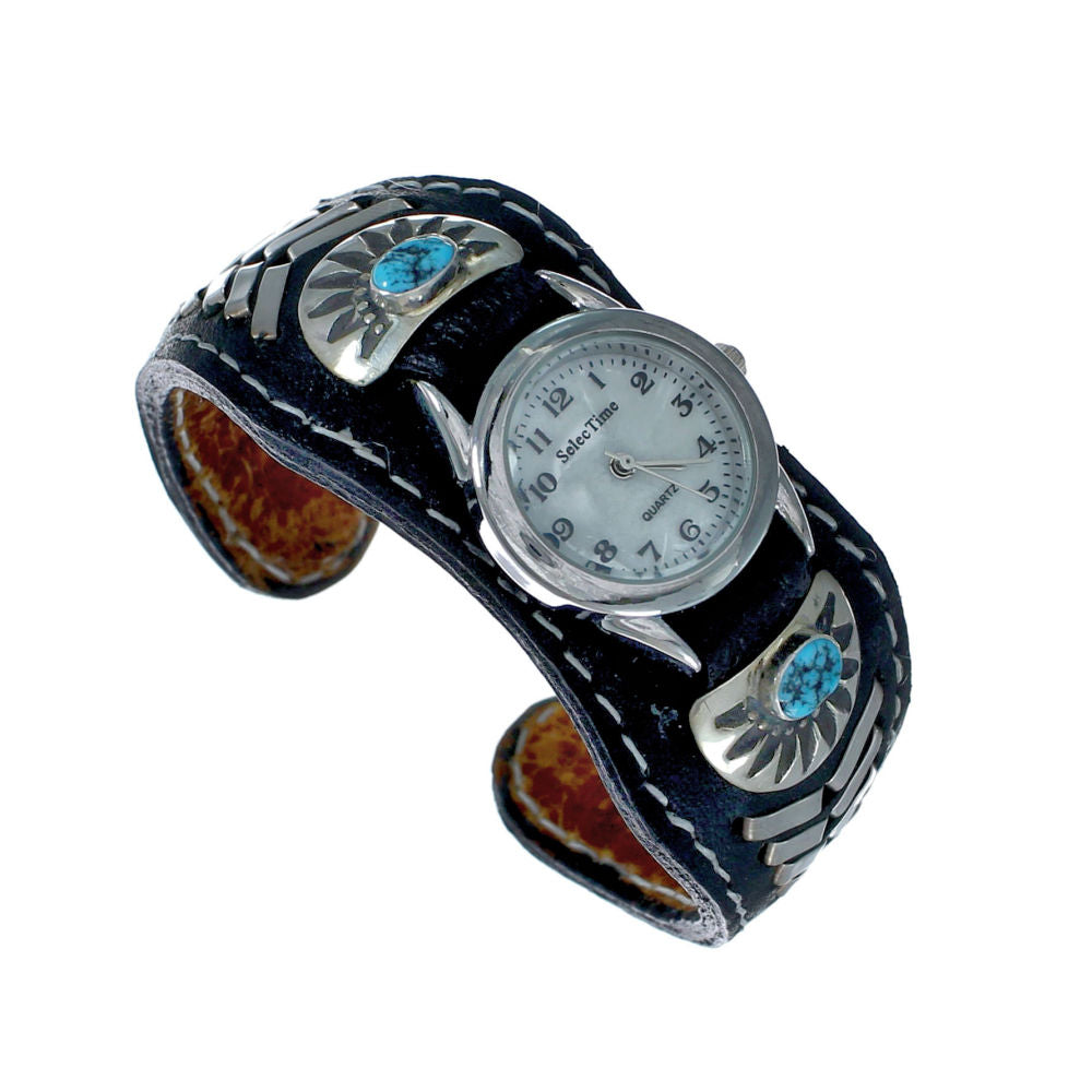 Navajo Turquoise Authentic Sterling Silver Leather Cuff  display picture 1
