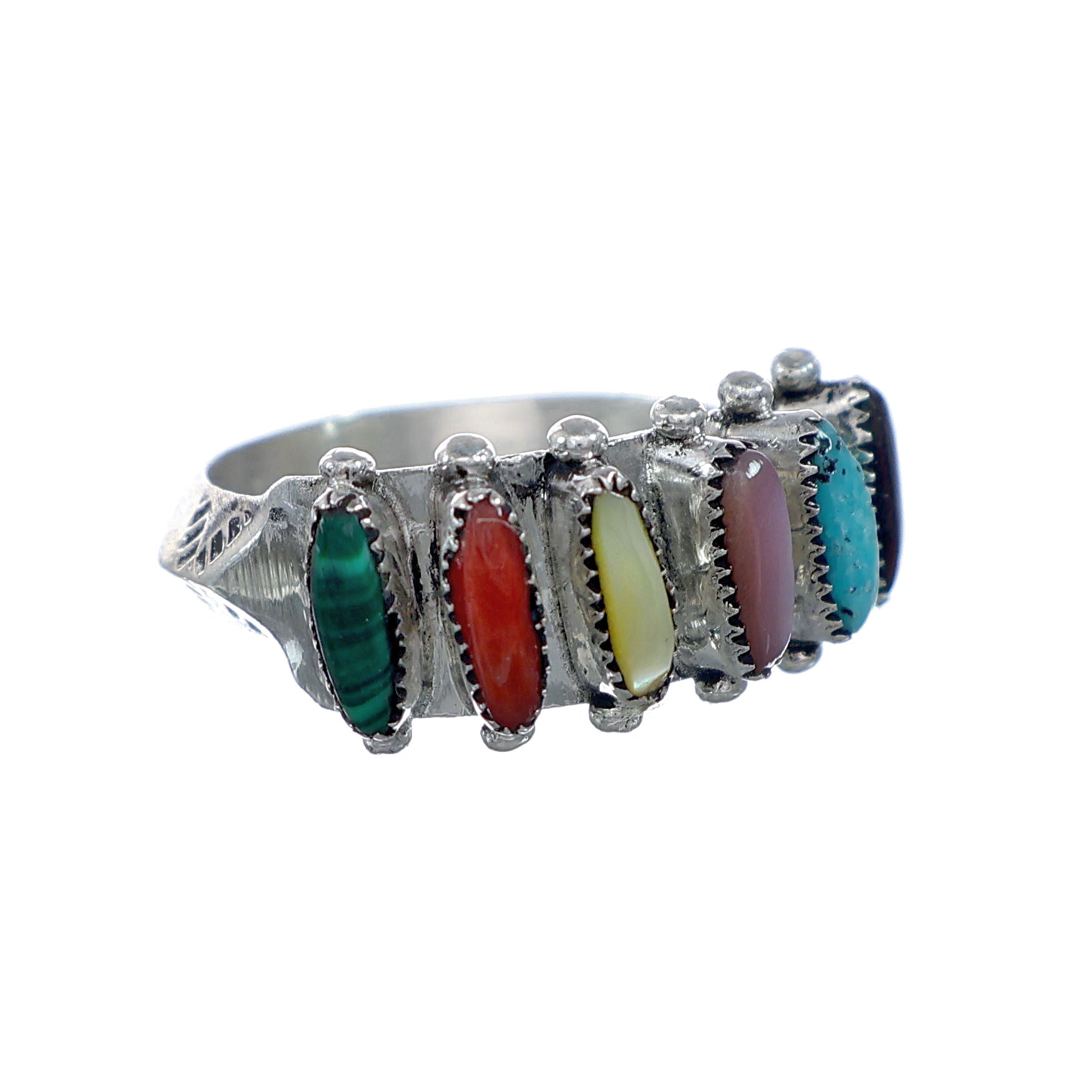 Native American Zuni Sterling Silver Multicolor Needlepoint Ring