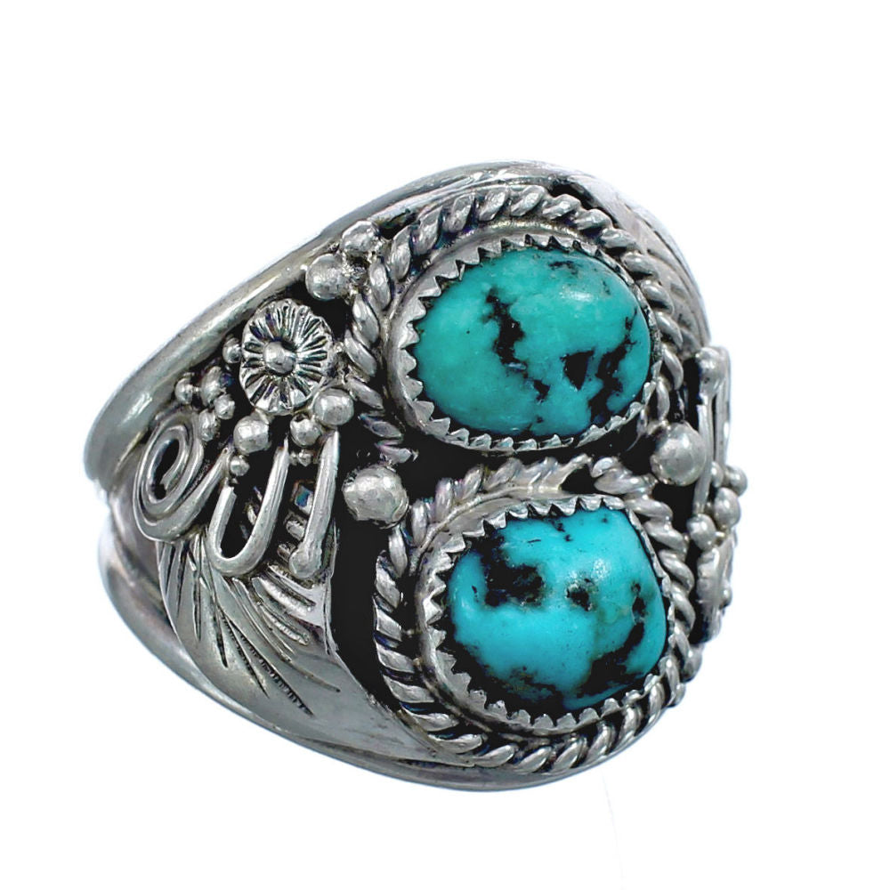 Genuine Sterling Silver Leaf Turquoise American Indian Ring