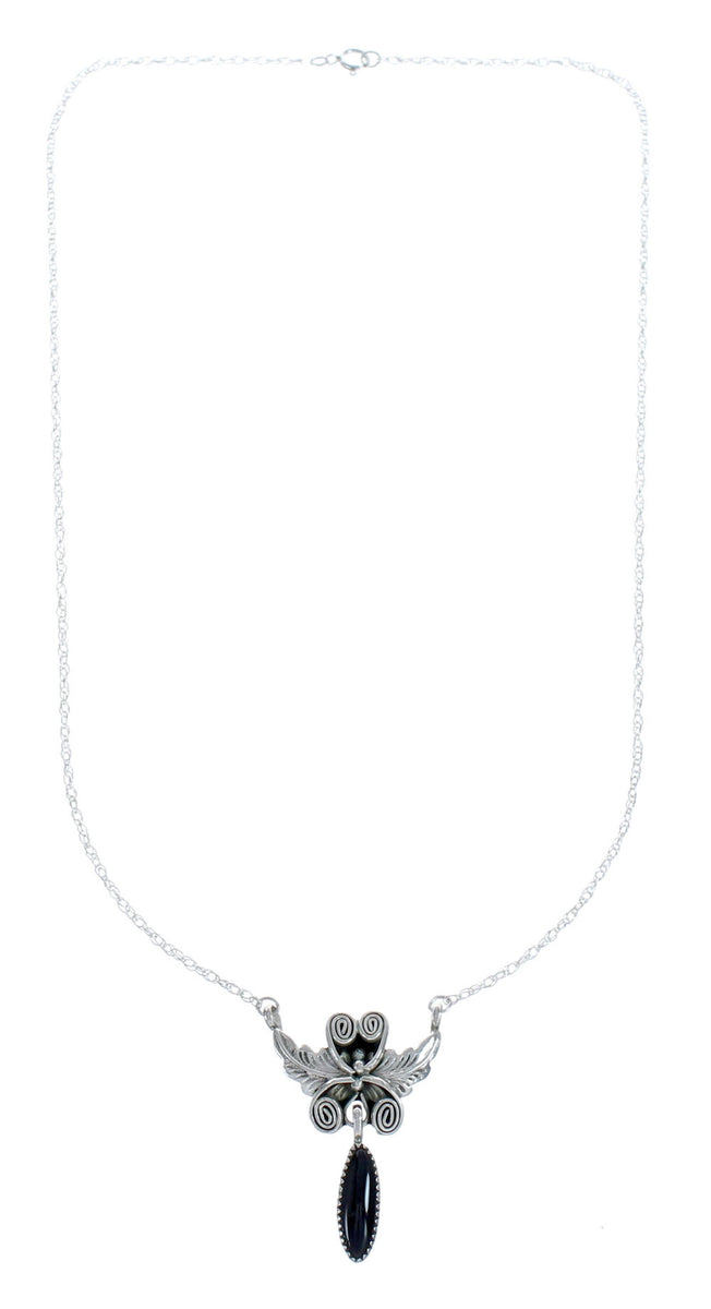 Native American Navajo Onyx Sterling Silver Leaf Chain Necklace JX1258 ...