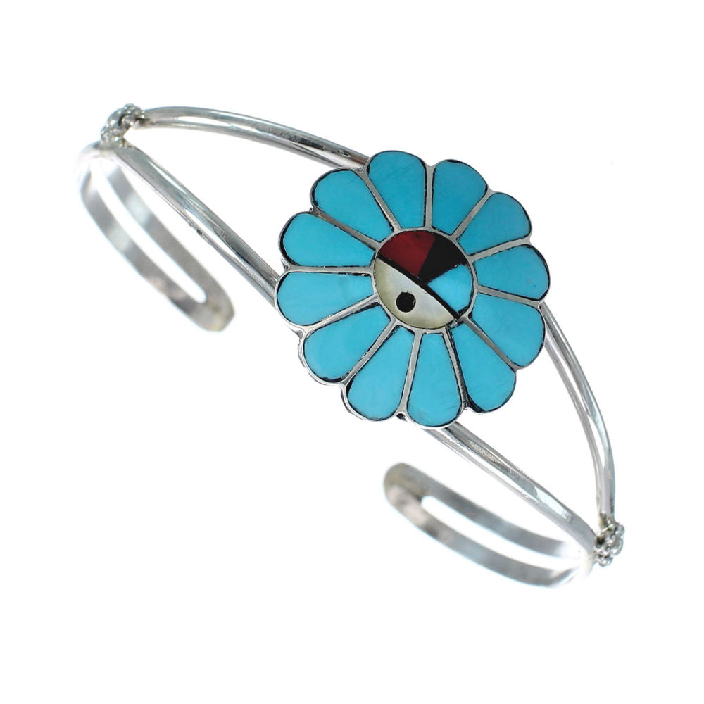 Zuni Multicolor Inlay Sunface Sterling Silver Cuff Bracelet