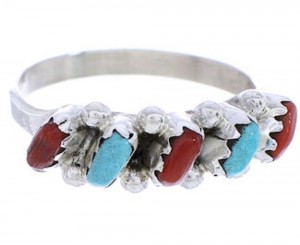 Zuni Jewelry Turquoise Coral Needlepoint Ring Size 6-1/4 MW74616