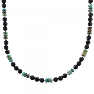 Navajo Sterling Silver Onyx Turquoise Bead Necklace RX96120