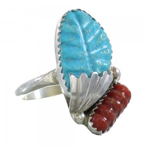 Coral And Turquoise Genuine Sterling Silver Zuni Ring Size 7-3/4 AX99577