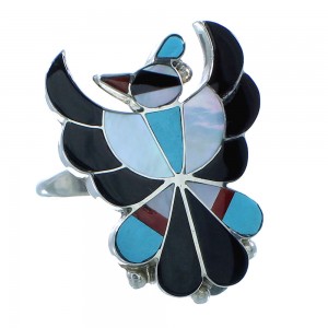Multicolor Inlay Thunderbird Genuine Sterling Silver Zuni Ring Size 7-1/2 AX101326