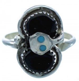 Sterling Silver Effie Calavaza Turquoise Onyx Zuni Snake Ring Size 7-1/4 JX122043