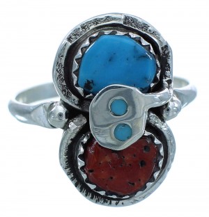 Zuni Indian Effie Calavaza Turquoise Coral Silver Snake Ring Size 7-1/2 EX58116