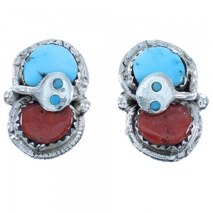 Sterling Silver Turquoise And Coral Zuni Effie Calavaza Snake Post Earrings TX103543