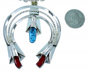 Navajo Turquoise And Coral Sterling Silver Squash Blossom Necklace Set ...