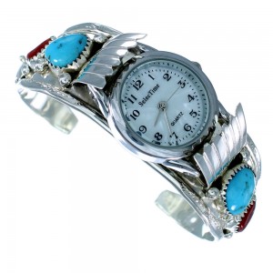 Turquoise And Coral Sterling Silver Flower Navajo Cuff Watch SX107395