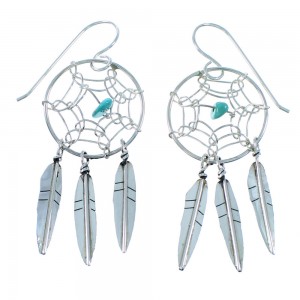Navajo Sterling Silver Turquoise Dream Catcher Feather Hook Dangle Earrings SX109307