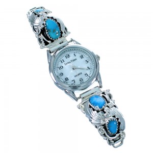 Turquoise And Sterling Silver Navajo Scalloped Leaf Watch SX109360