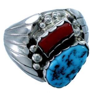 American Indian Turquoise Coral Sterling Silver Jewelry Ring Size 12 RX109820