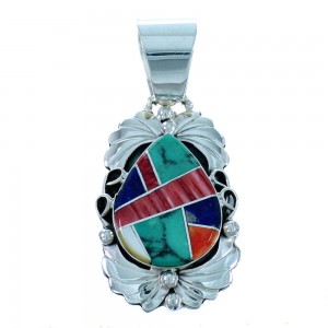Navajo Indian Multicolor Inlay Sterling Silver Pendant SX109744