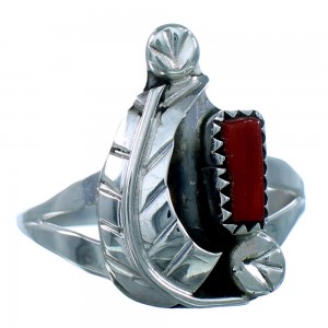 Zuni Coral And Sterling Silver Leaf Ring Size 6-1/2 RX113385