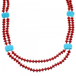 Turquoise And Coral Navajo Sterling Silver 2-Strand Bead Necklace SX111098