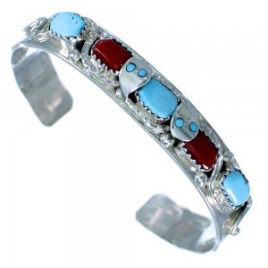 Sterling Silver Turquoise Coral Zuni Effie Calavaza Snake Cuff Bracelet RX111327