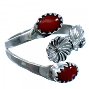 Coral And Sterling Silver Flower Navajo Adjustable Ring Size 6,7,8 SX111902