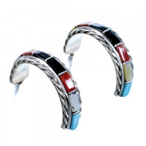 Zuni Multicolor Inlay Sterling Silver Post Hoop Earrings SX111879