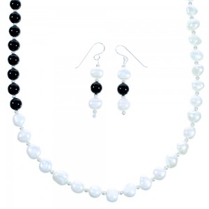 Onyx Fresh Water Pearl Navajo Sterling Silver Bead Necklace And Earrings LX114023