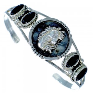 Navajo Sterling Silver Onyx Horse Cuff Bracelet BX115861