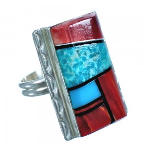 Native American Sterling Silver Multicolor Inlay Ring Size 8 DX116292
