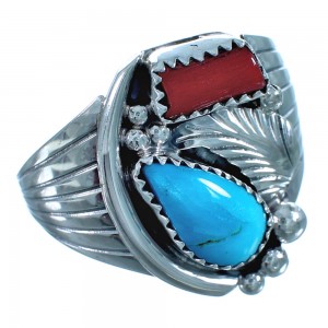 Coral And Turquoise Navajo Indian Sterling Silver Leaf Ring Size 12-1/2 BX115953