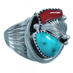 Navajo Indian Sterling Silver Coral And Turquoise Leaf Ring Size 11-1/2 BX115957