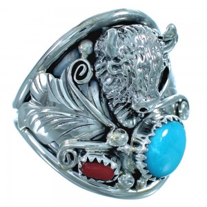 Sterling Silver Coral And Turquoise Buffalo Ring Size 13-1/2 BX116007