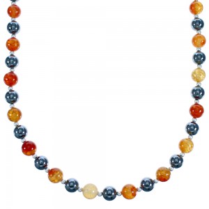 Hematite And Fire Agate Sterling Silver Bead Necklace BX116765