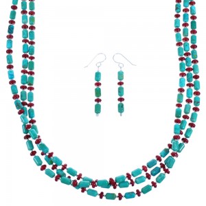 Turquoise Coral Sterling Silver 3-Strand Bead Necklace Earring Set BX116778